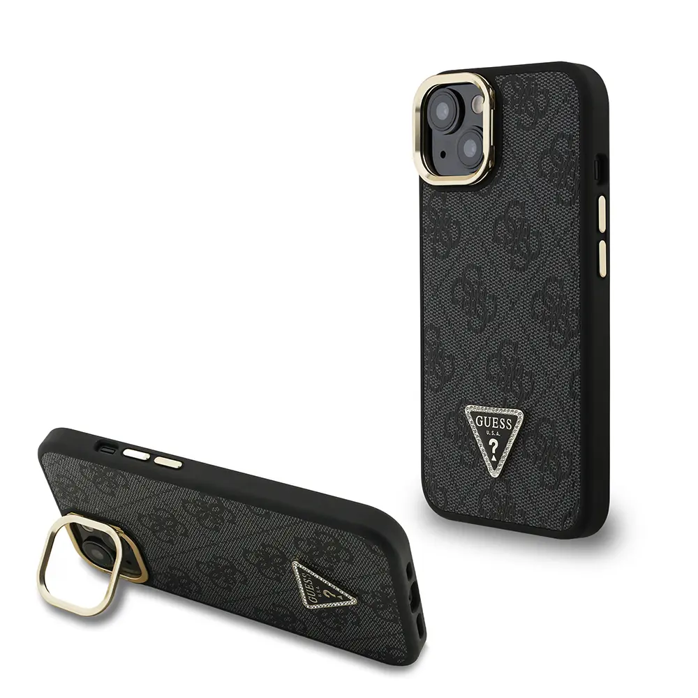 iPhone 15 Kamera Standlı Taşlı Üçgen Logo Kılıf - Guess Lisanslı