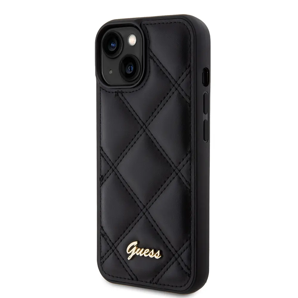 iPhone 15 PU Deri Kapitone Kılıf, Metal Yazı Logolu - Guess