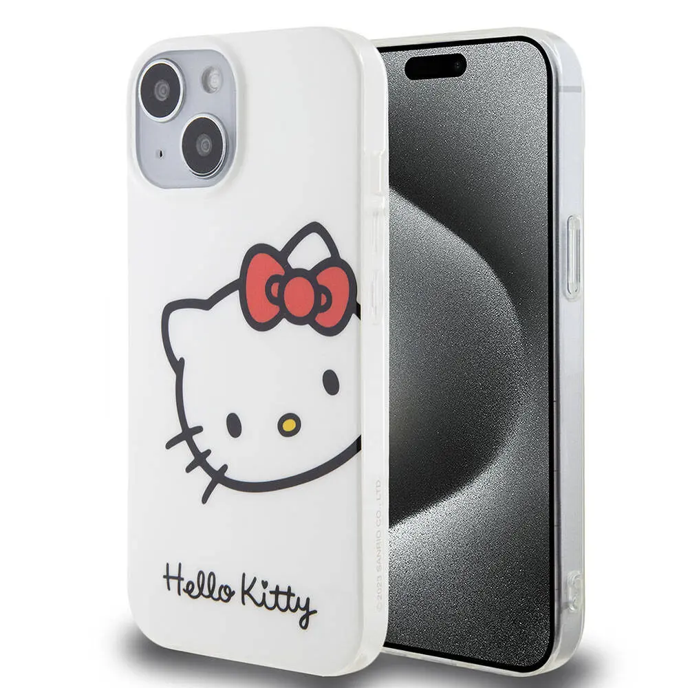 iPhone 15 Hello Kitty Lisanslı Kılıf, Kitty Head Logolu - Beyaz
