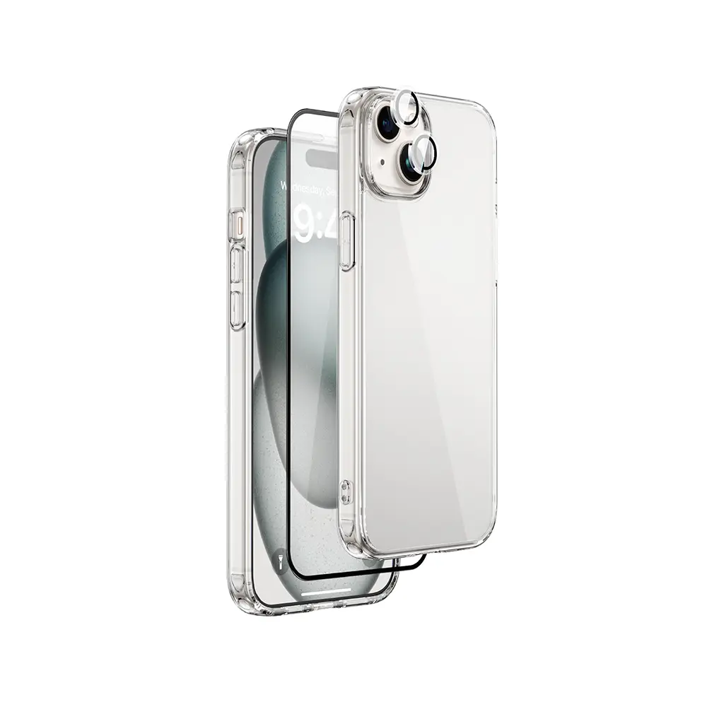iPhone 15 Plus Şeffaf Kılıf, Ekran ve Kamera Koruyucu 3'ü 1 Arada Set - Wiwu Wi-IP001