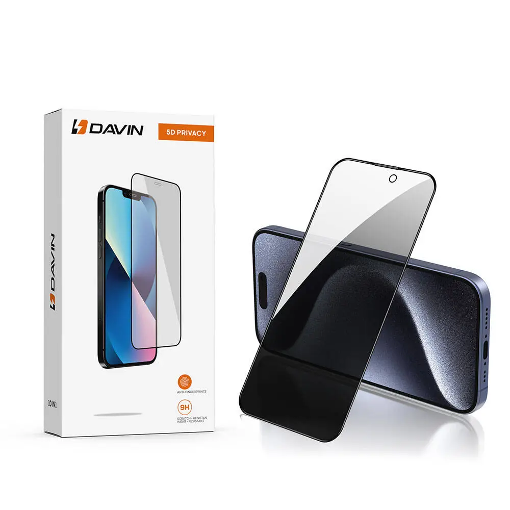 iPhone 15 Pro Gizlilik Camlı Ekran Koruyucu - Davin 5D Privacy