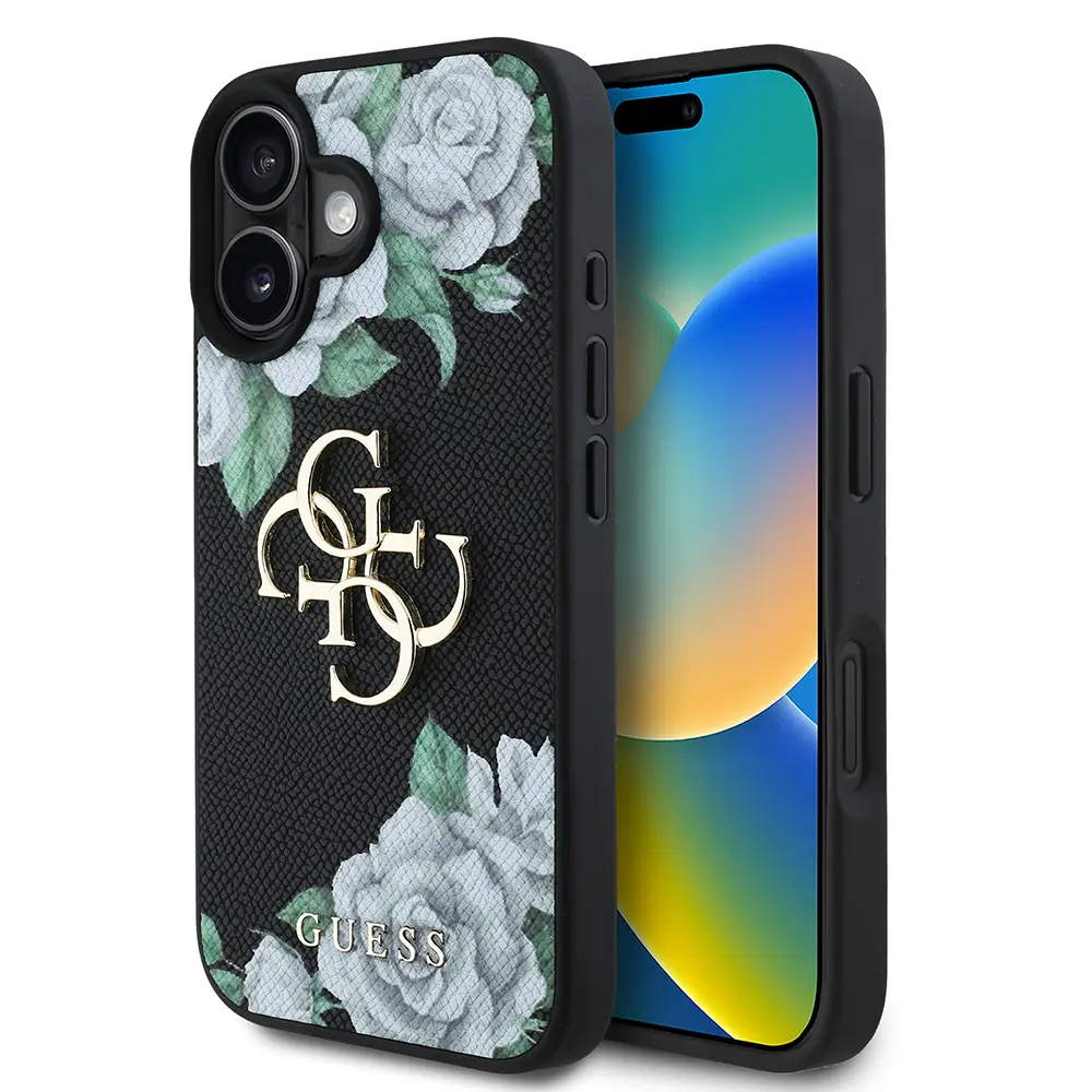 iPhone 16 Gül Baskılı Büyük Metal Logo Kılıf - Guess