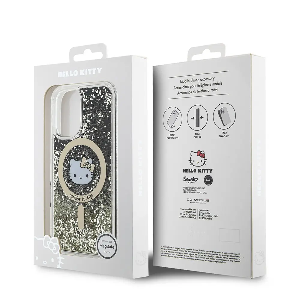 iPhone 16 MagSafe Uyumlu Hello Kitty Lisanslı Kılıf - Sıvılı Simli Altın Ateşi