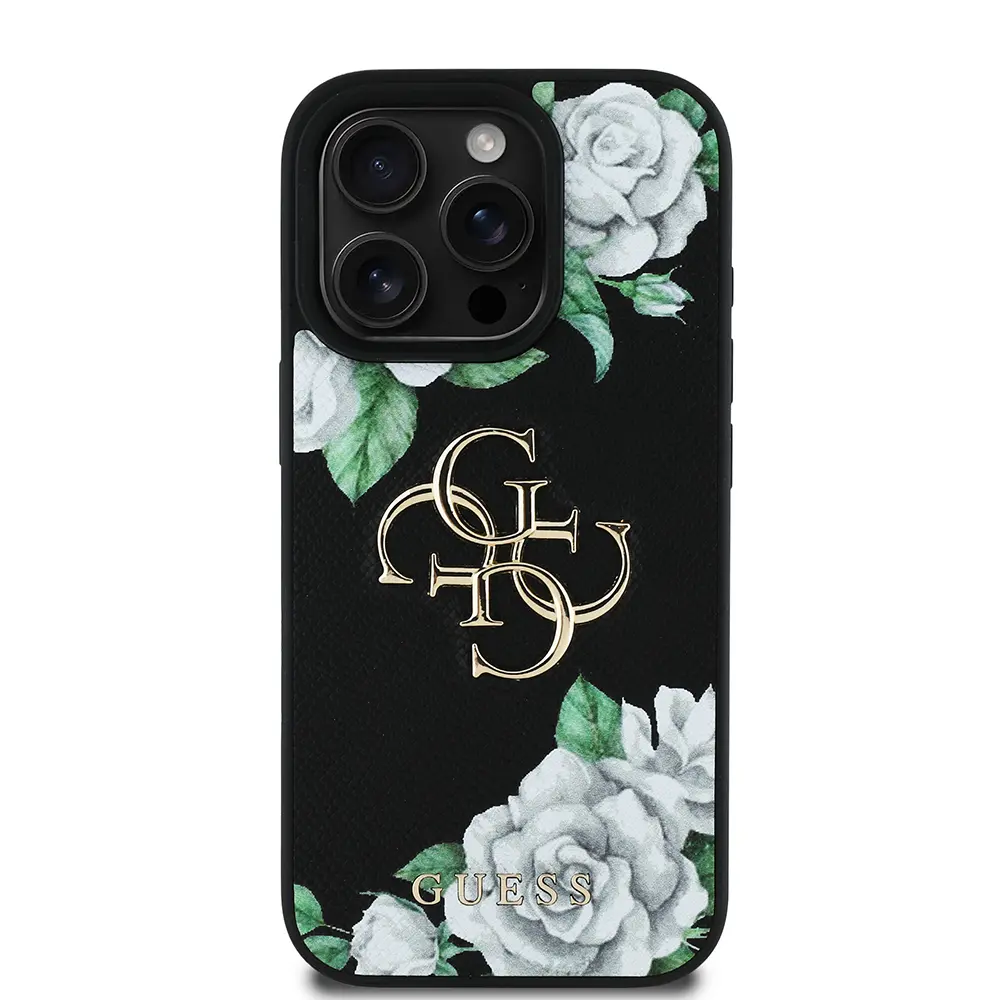 iPhone 16 Pro Gül Baskılı Metal Logo Kılıf - Guess Lisanslı