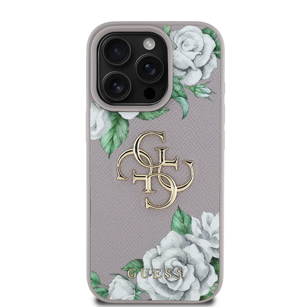 iPhone 16 Pro Max Gül Baskılı Metal Logo Kılıf - Guess Lisanslı