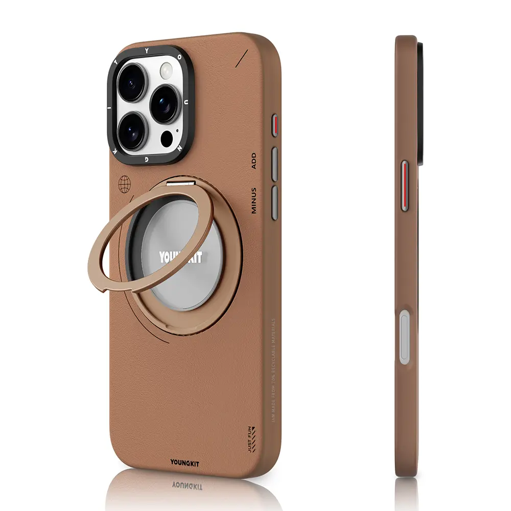 iPhone 16 Pro Max MagSafe Uyumlu 360° Standlı Mat Deri Kılıf - Youngkit Tech Leather
