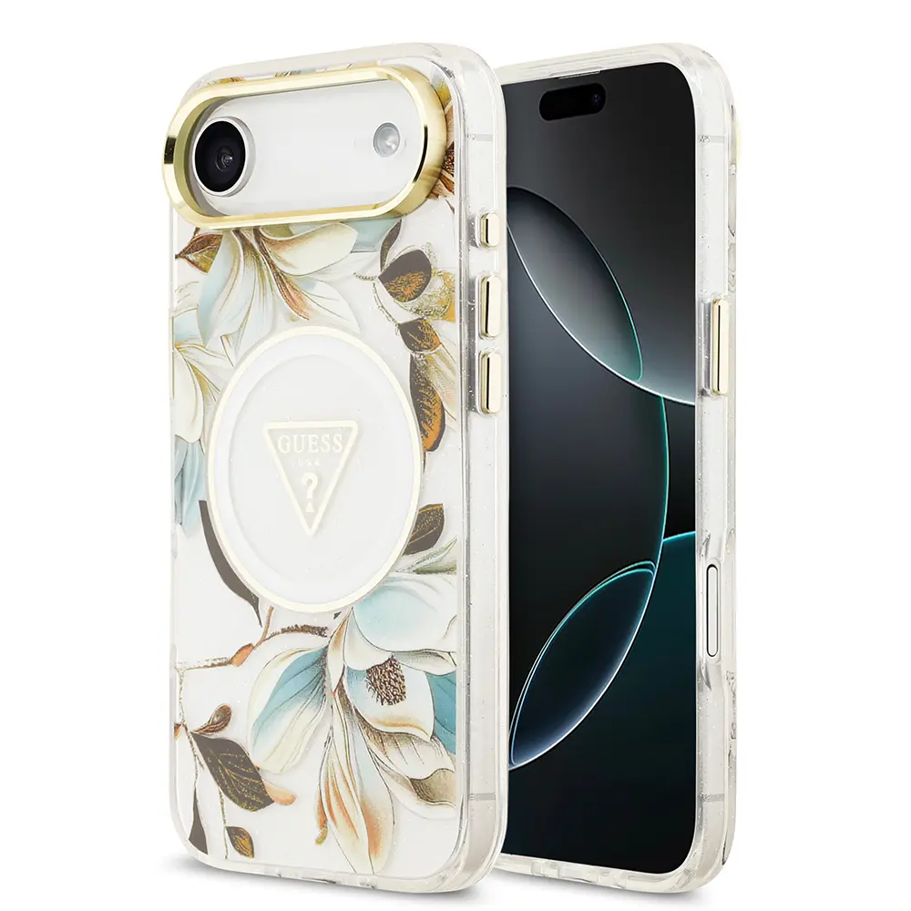iPhone 17 Air MagSafe Uyumlu Simli Çiçek Desenli Kılıf - Guess
