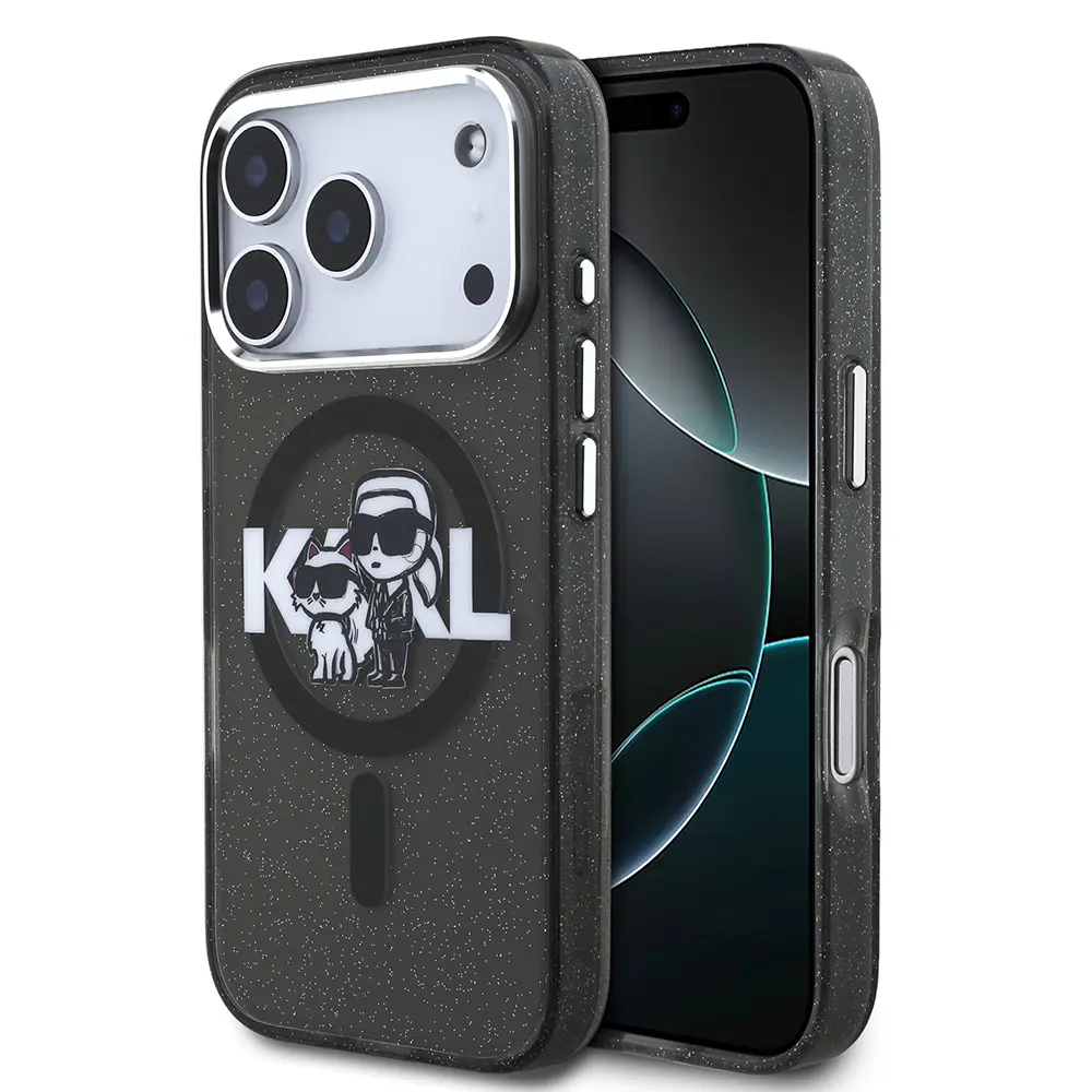iPhone 17 Pro Kılıf, Parlayan Simli Karl & Choupette Logo - Karl Lagerfeld