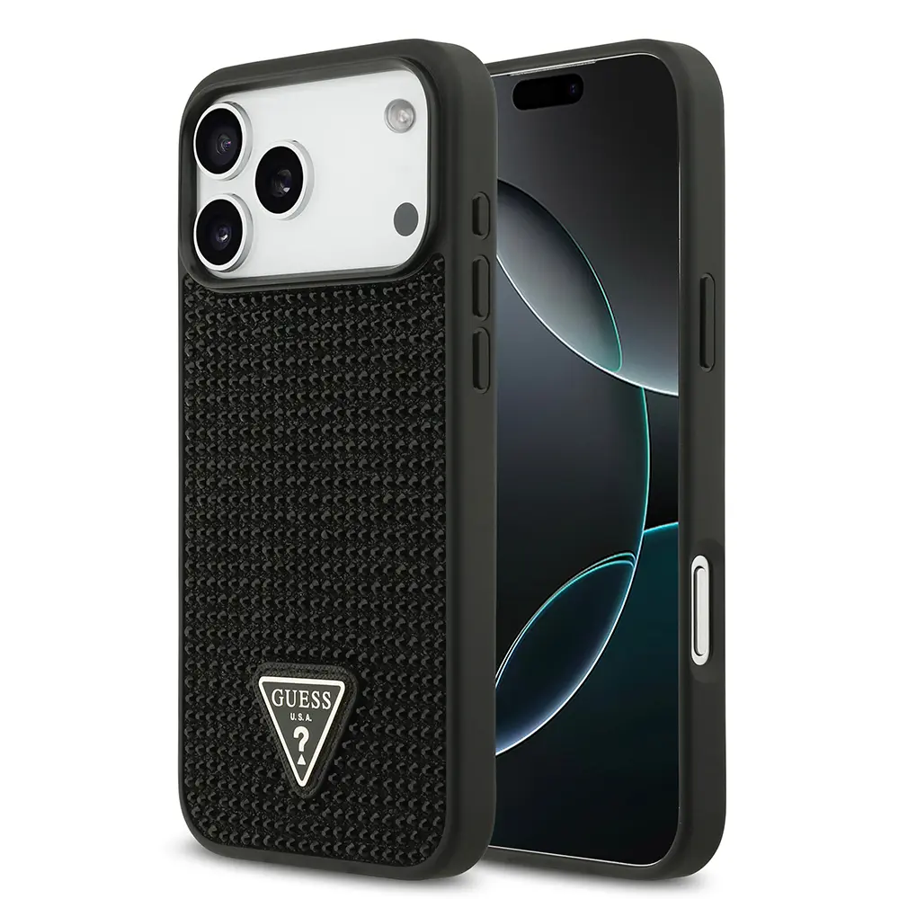 iPhone 17 Pro Max Taşlı Arka Yüzey Üçgen Logolu Kılıf - Guess
