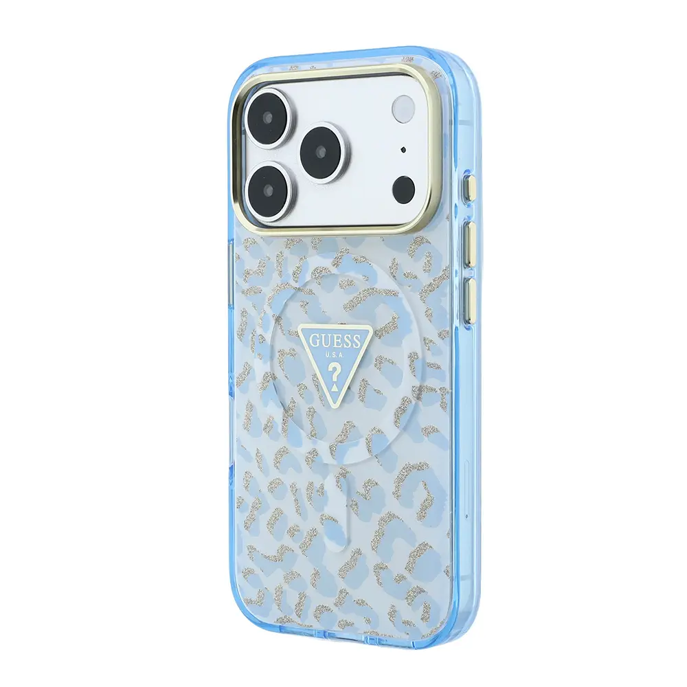 iPhone 18 Pro MagSafe Uyumlu Simli Leopar Desenli Kılıf - Guess