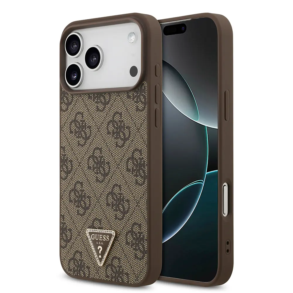 iPhone 18 Pro Max MagSafe Uyumlu PU Deri Kılıf - Guess Taşlı Üçgen Logo