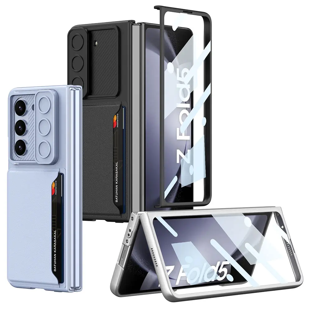 Galaxy Z Fold 5 Suni Deri Kartlıklı Sürgülü Kamera Korumalı Kılıf - GKK
