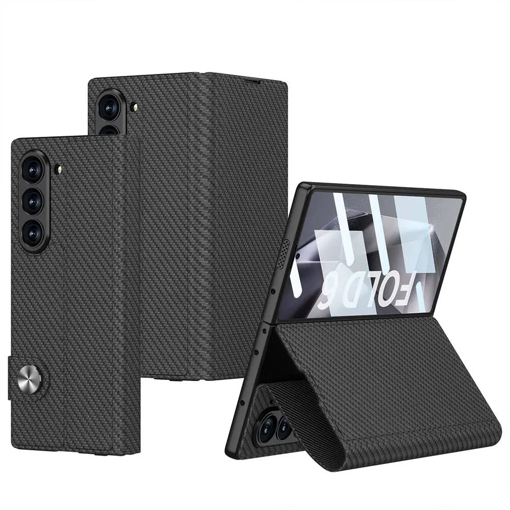 Galaxy Z Fold 6 Karbon Fiber Tasarımlı Manyetik Tokalı Kartlıklı Kılıf - GKK Kıpta Zegna
