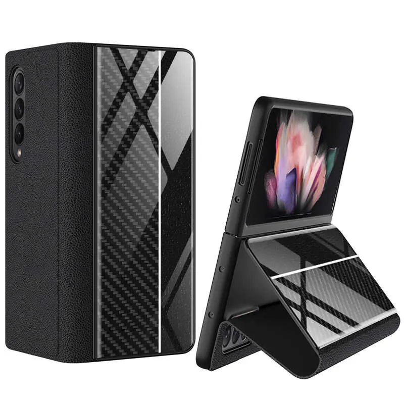 Galaxy Z Fold 3 Suni Deri 9H Temperli Camlı Kılıf - GKK Droga
